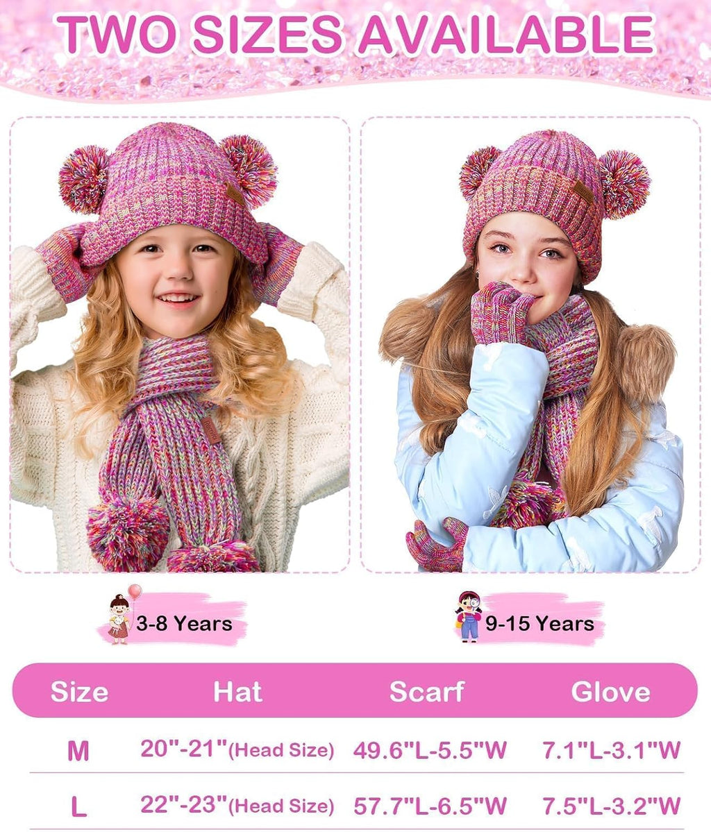 Kids Winter Hat Gloves Scarf Set, Toddler Girls Boy Fleece Lined PomPom Beanie Hat Kint Neck Long Scarf Warm Mittens