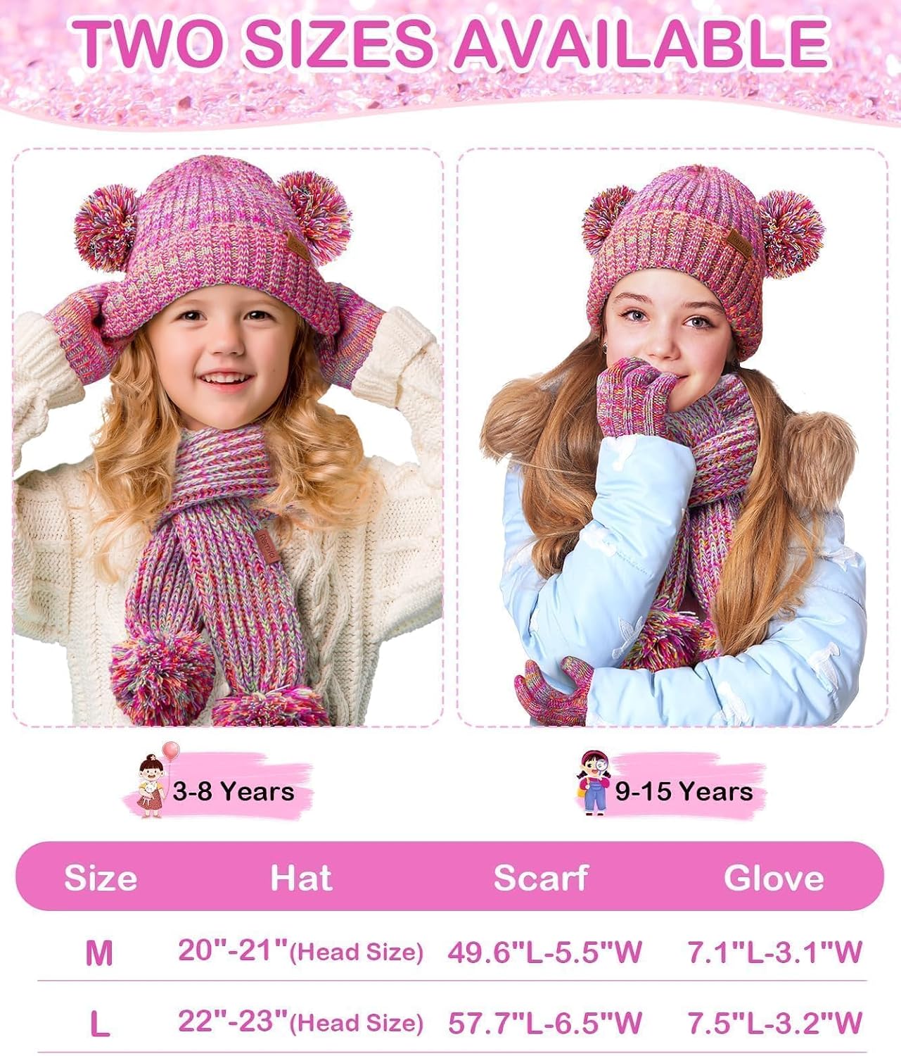 Kids Winter Hat Gloves Scarf Set, Toddler Girls Boy Fleece Lined PomPom Beanie Hat Kint Neck Long Scarf Warm Mittens