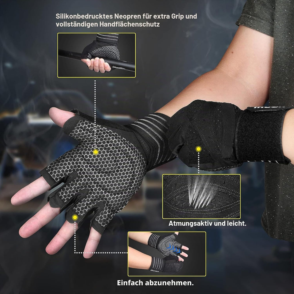 Ventilated Weight Lifting Gym Workout Gloves with Wrist Wrap Support for Men & Women, Full Palm Protection