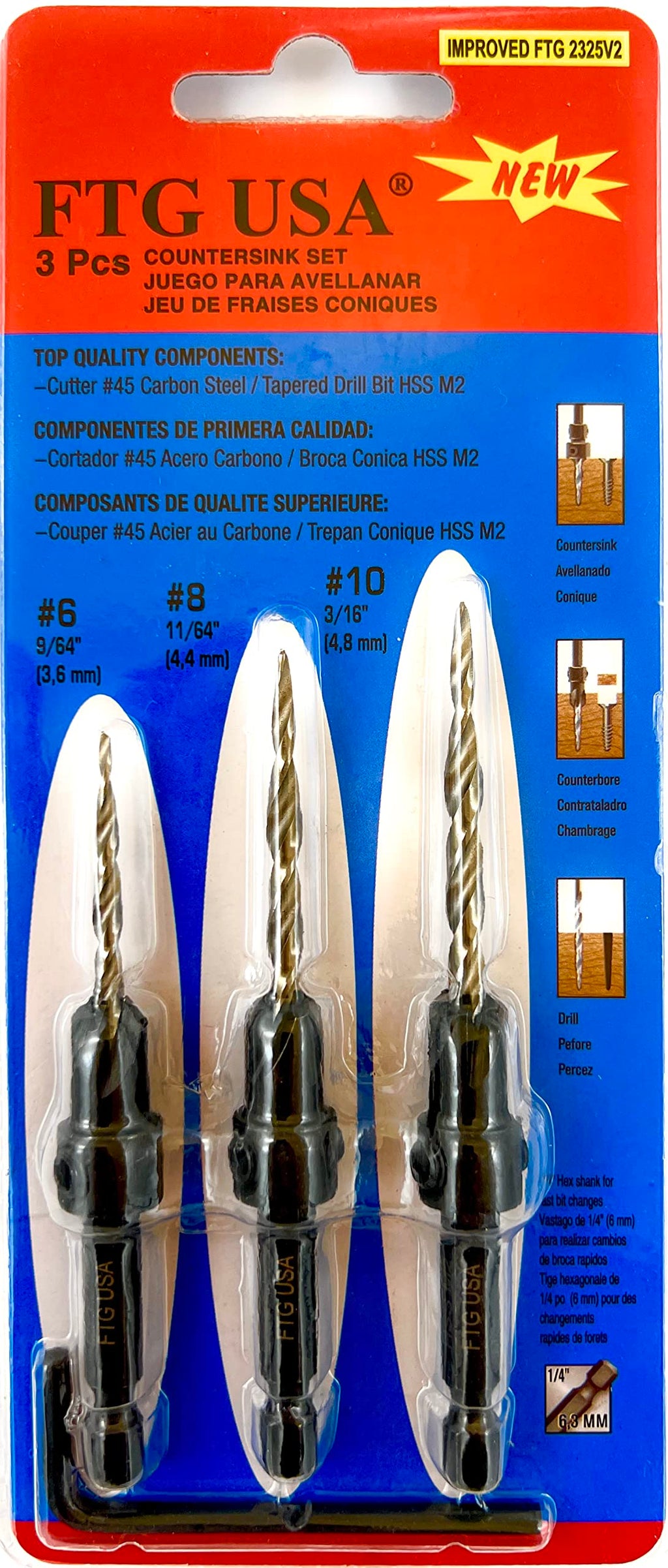 FTG USA 3 Pc #6#8#10 Countersink Drill Bit Set, Tapered Bits