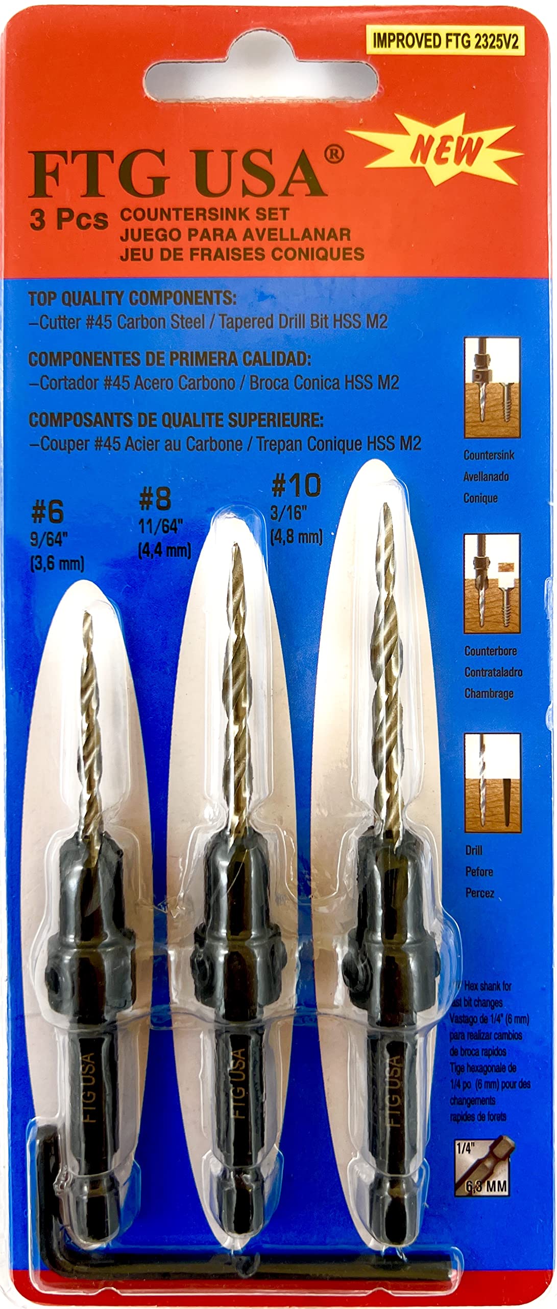 FTG USA 3 Pc #6#8#10 Countersink Drill Bit Set, Tapered Bits