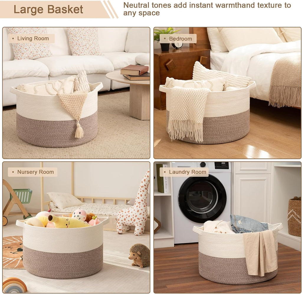 90L XXXLarge Blanket Basket for Living Room, 21.7" x 13.8" Woven Cotton Rope Laundry Basket for Organizing Pillows