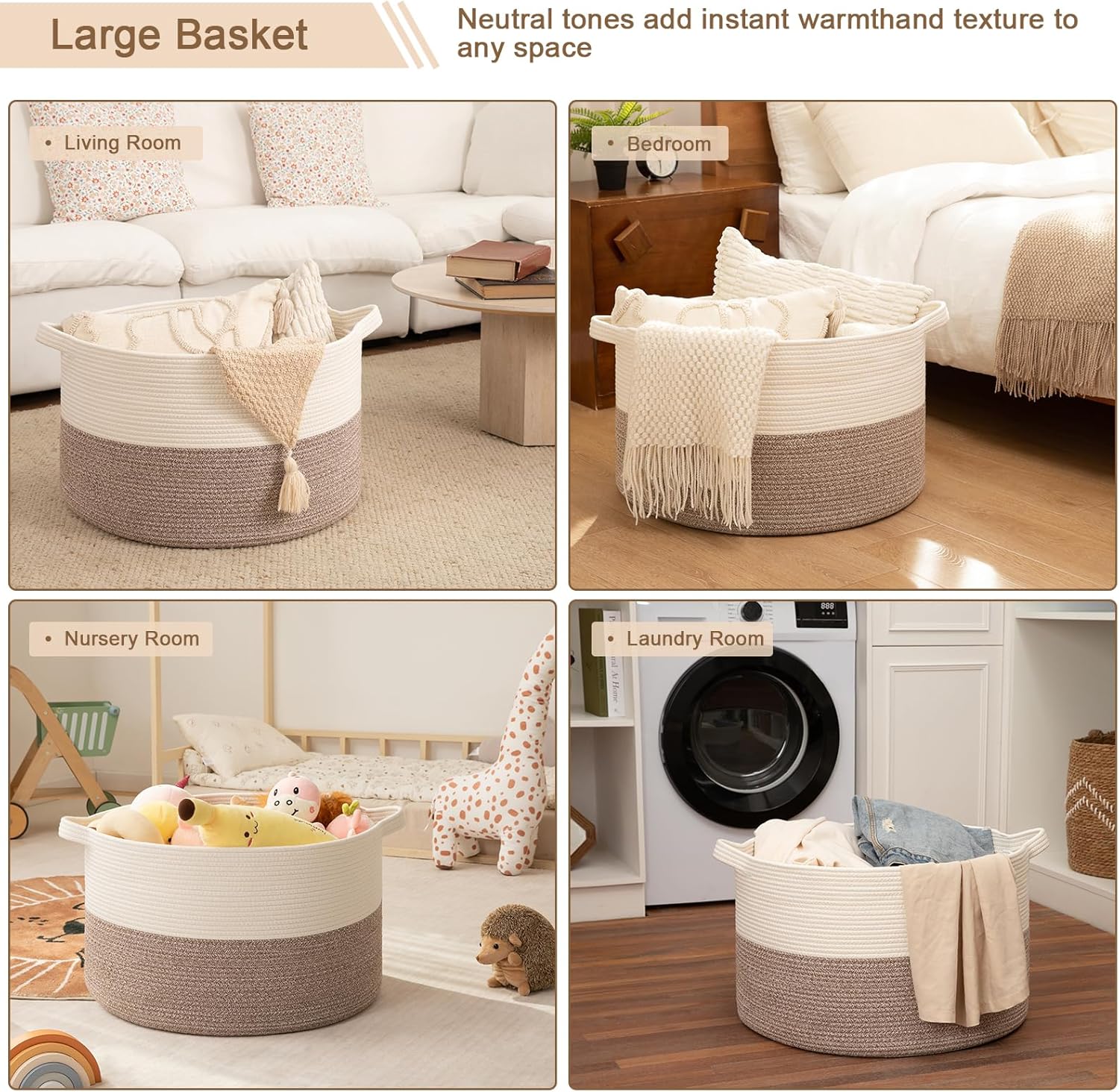 90L XXXLarge Blanket Basket for Living Room, 21.7" x 13.8" Woven Cotton Rope Laundry Basket for Organizing Pillows