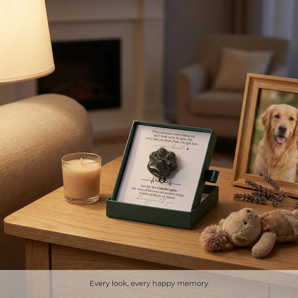 Agate Pet Memorial Gift, Paw Print Keepsake Stone in Gift Box for Loss of Dog or Cat, Sympathy Memorial Keepsake