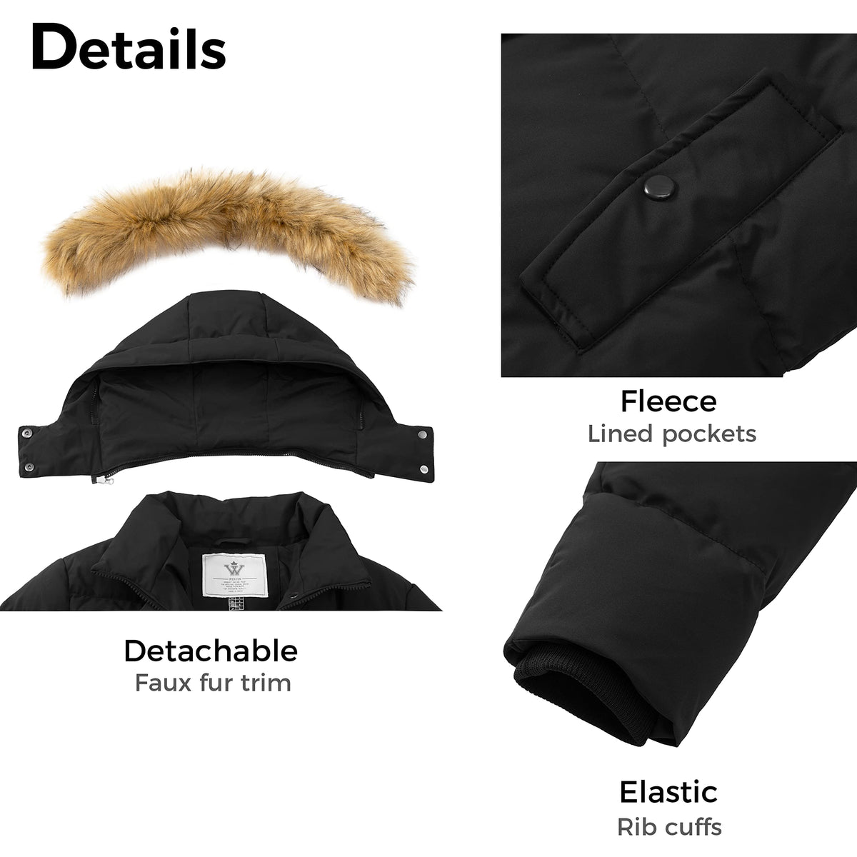 Women's Winter Thicken Padded Coat Parka Jacket, Black, L