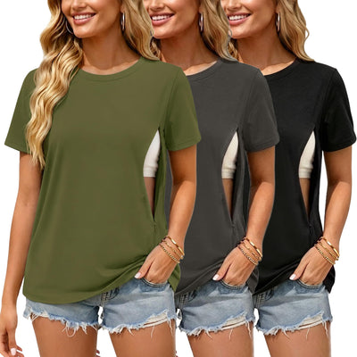 3Pack Nursing Shirts for Breastfeeding, Hidden Zippers Nursing Tops