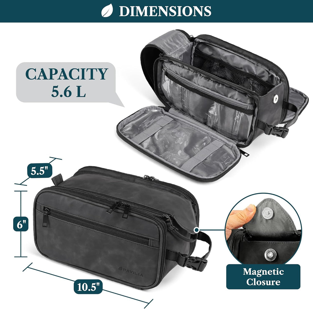 Toiletry Bag for Men, Hanging Travel Dopp Kit Organizer, PU Leather Water Resistant Bathroom Bag for Shaving