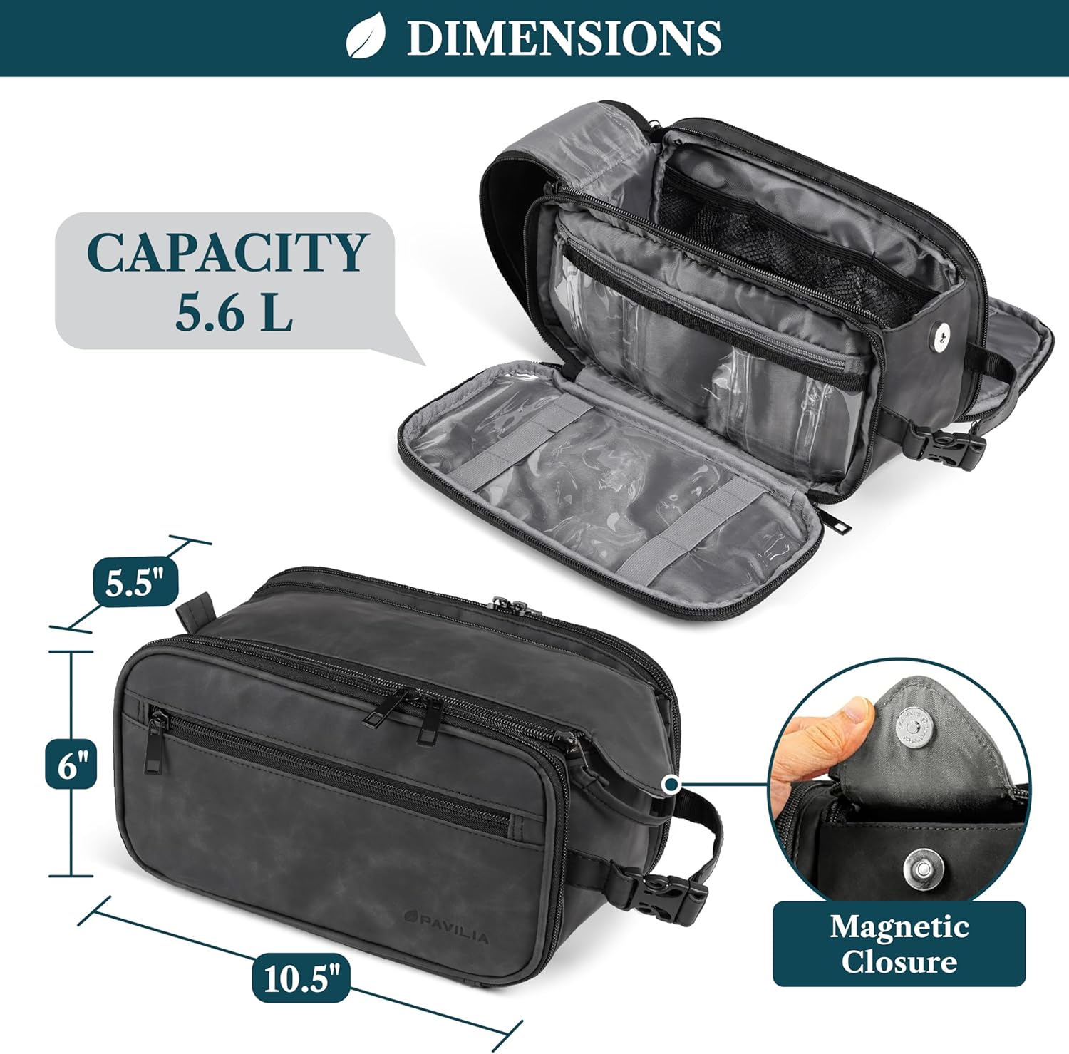 Toiletry Bag for Men, Hanging Travel Dopp Kit Organizer, PU Leather Water Resistant Bathroom Bag for Shaving