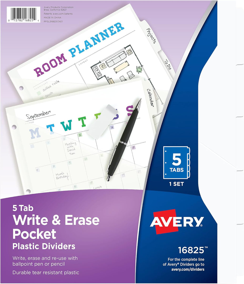 Durable Plastic 5 Tab Write & Erase Dividers for 3 Ring Binders, Slash Pocket, Translucent White, Works with Sheet