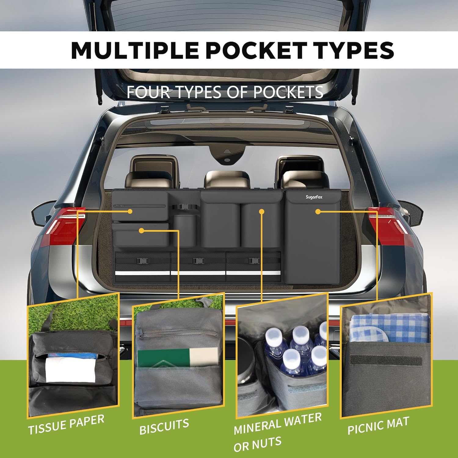 Backseat Hanging Trunk Organizer for SUVs, Cars, Trucks & MPVs | Multi-Pocket Storage with Anti-Slip Straps |