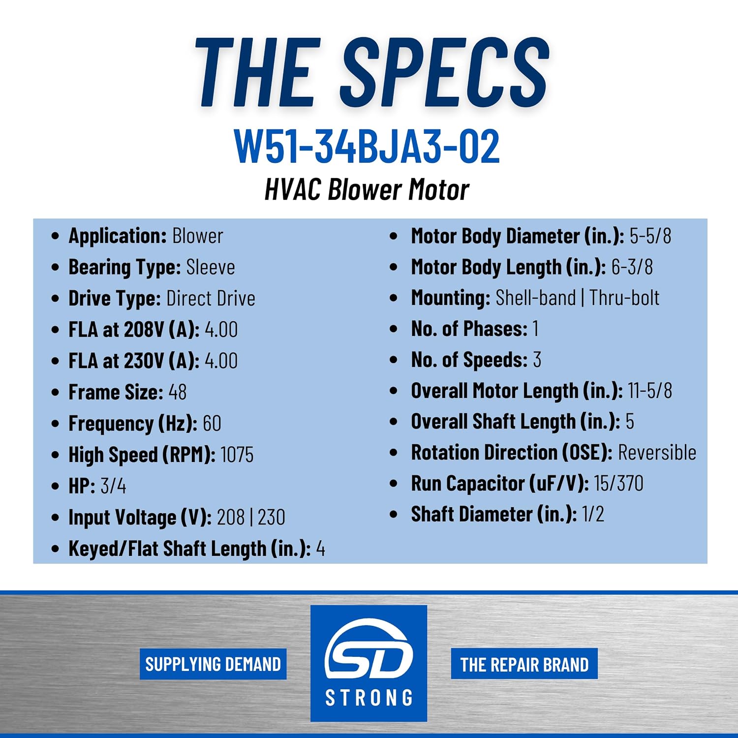 W51-34BJA3-02 HVAC Blower Motor with 15/370 Single Oval Capacitor 3/4 HP 1 Phase 3 Speed 208/230V 1075 RPM