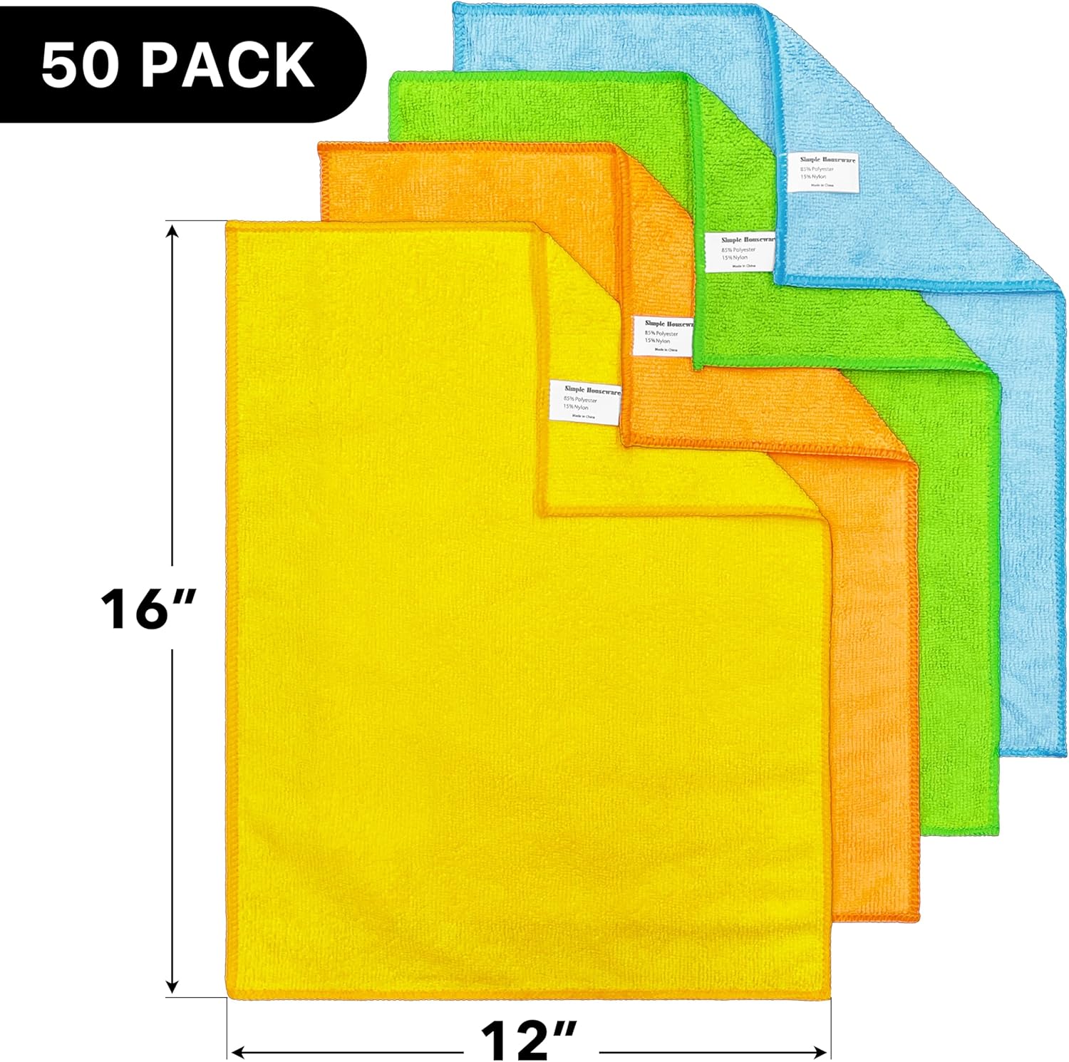 Microfiber Cleaning Cloth 50 Pack, 12" x 16", 4 Colors