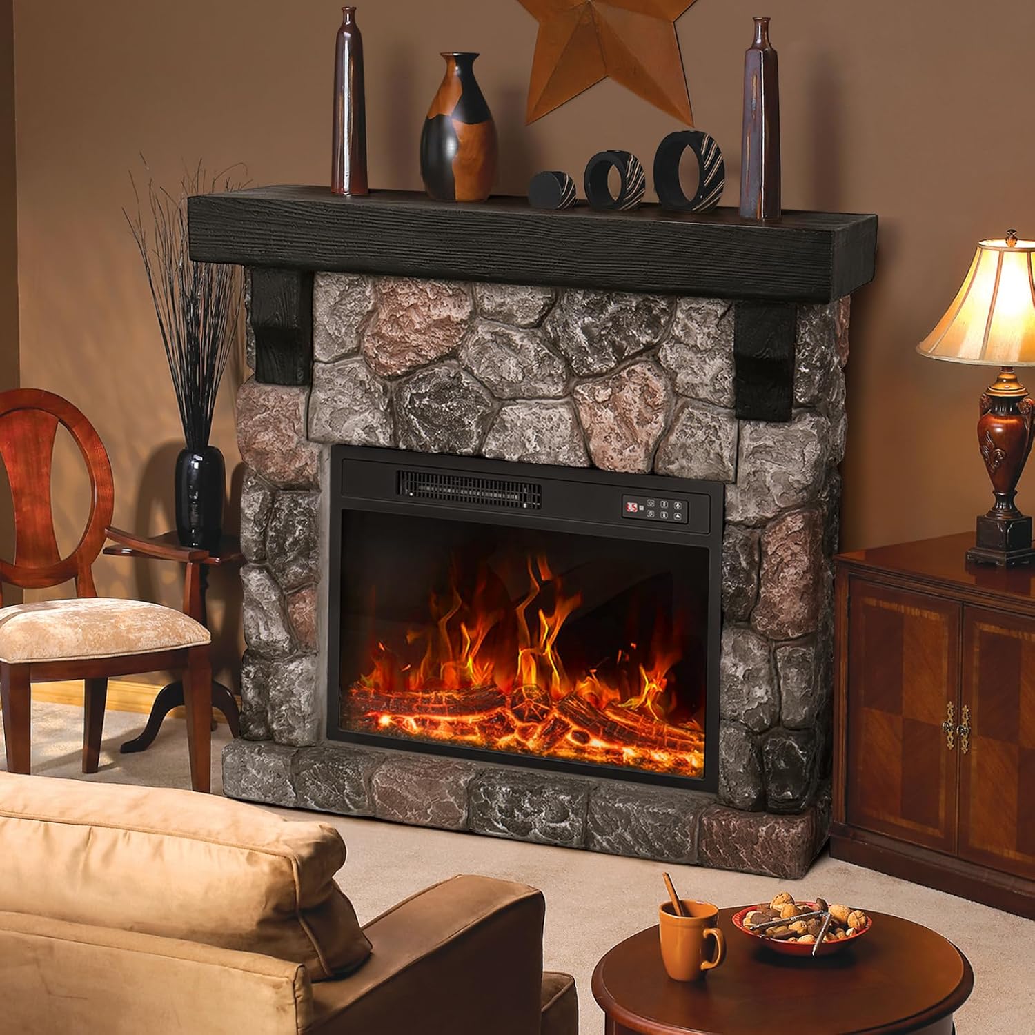 36inch Electric Fireplace with Mantel, Stone Fireplace Heater | Freestanding Electric Fireplace Stove with Remote