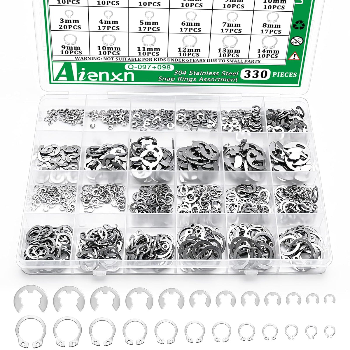 330PCS Snap Rings Kit, E Clips Kit (1.2-10MM) and C Clips Kit (3-14MM)
