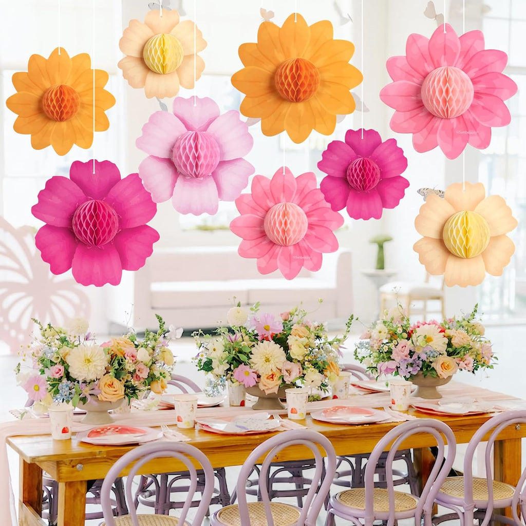 9PCS Hot Pink and Orange Party Decorations Paper Flowers Honeycomb Hanging Large Paper Flowers Pom Poms Fiesta for