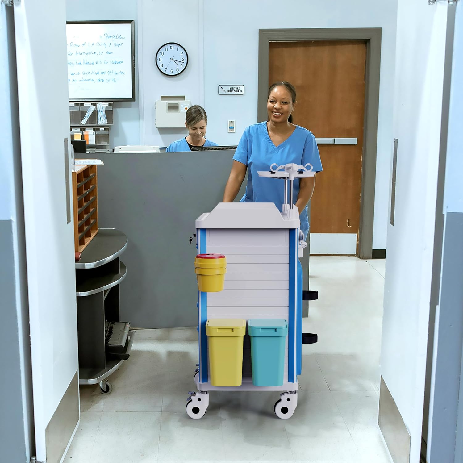 Adjustable Rolling Medical Storage Crash Cart-Includes Silent Casters | IV Pole, Needle Disposal Holder, Trash Bin &