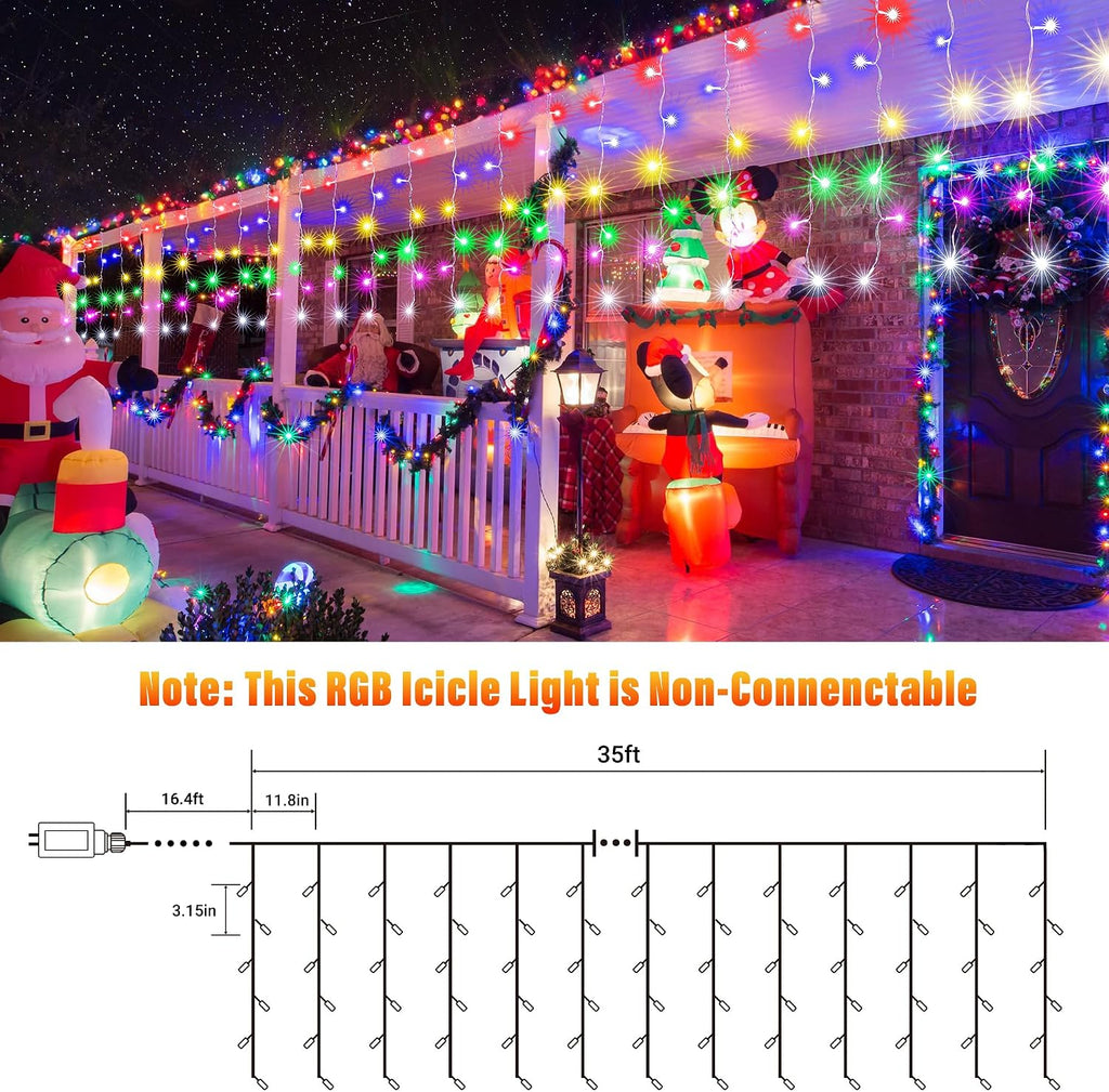 35Ft RGB Color Changing Icicle Lights - Waterproof Christmas Lights with Remote for Holiday, Wedding, Party, Eaves