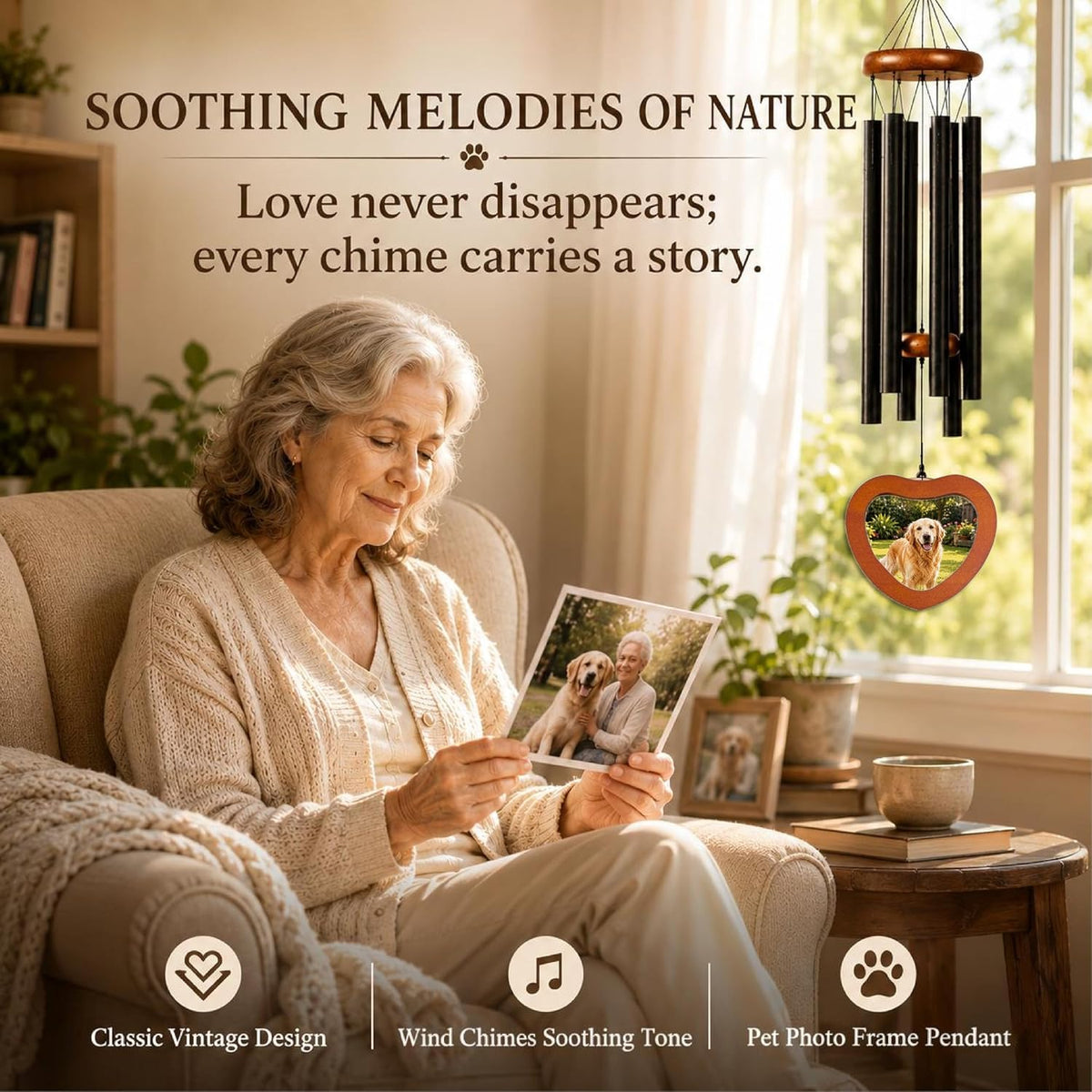 32” Pet Memorial Wind Chime with Photo Frame,Memorial Gift for Loss Dog Cat