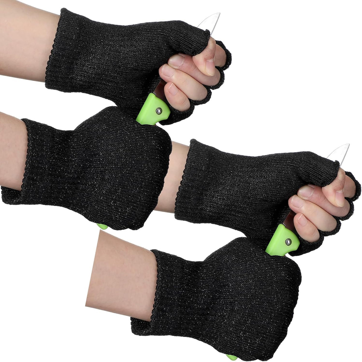 2 Pair Cut Resistant Fingerless Work Gloves, Black