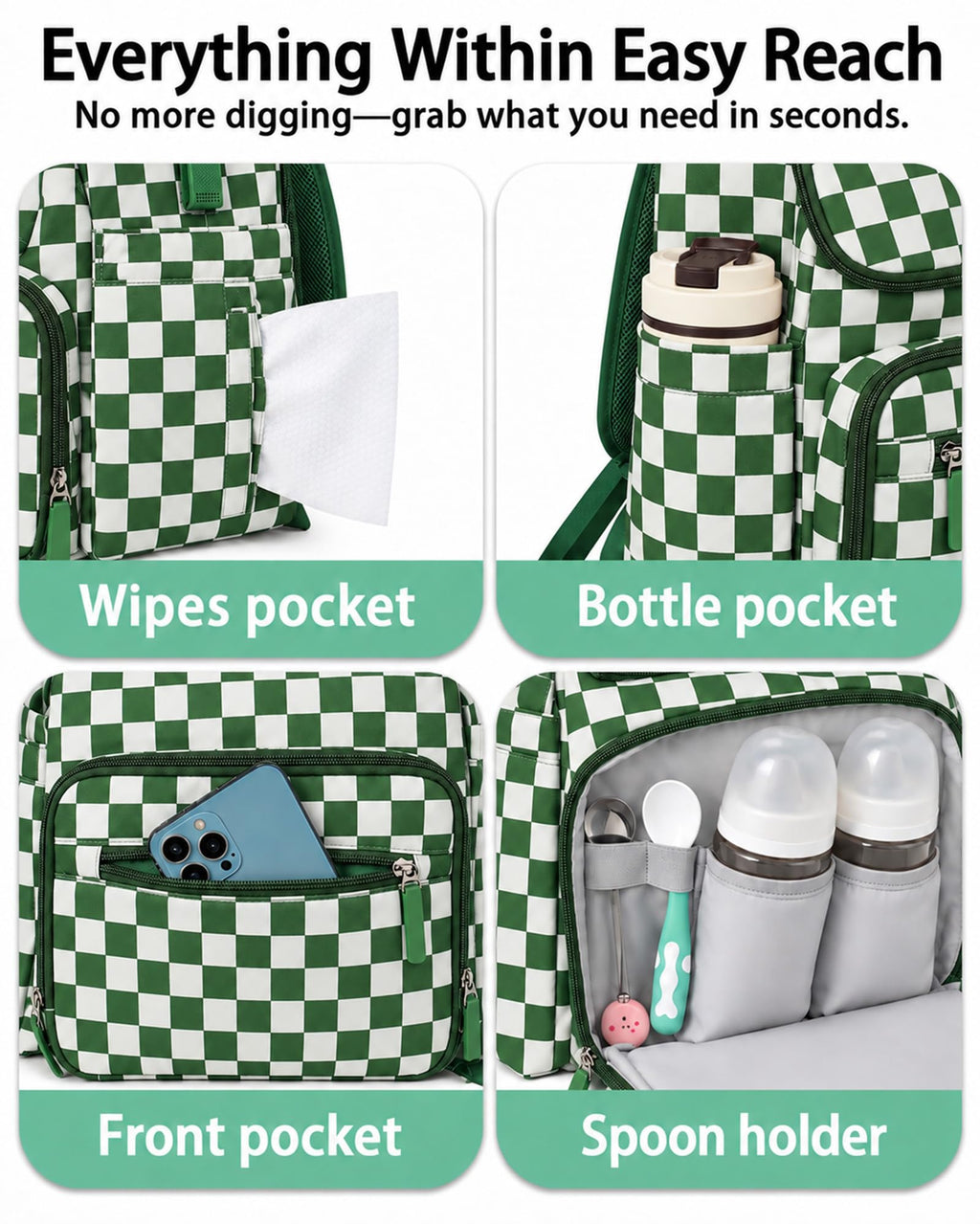 Checkered Diaper Bag Backpack with Changing Pad & Stroller Clips