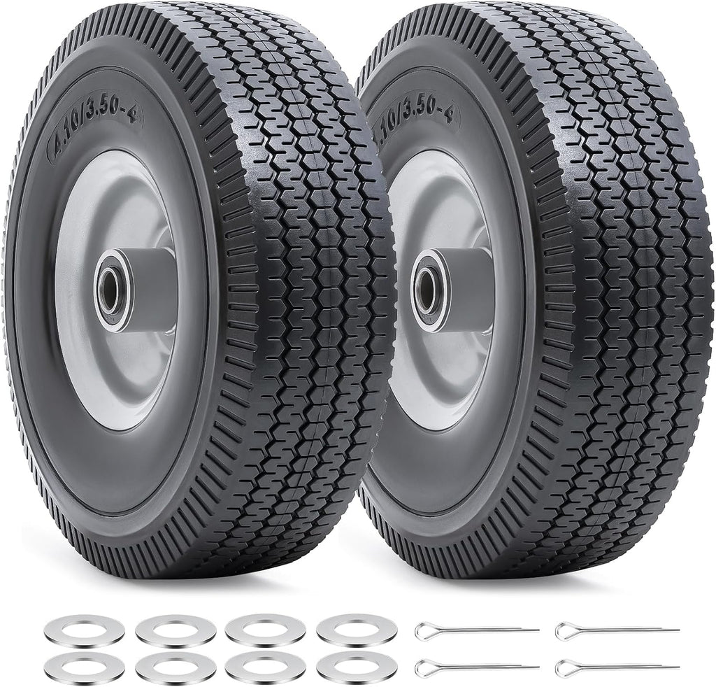 10” Flat Free Tires, 4.10/3.50-4” Solid Tires and Wheels with 5/8” Axle Bore Hole and Double Sealed Bearings