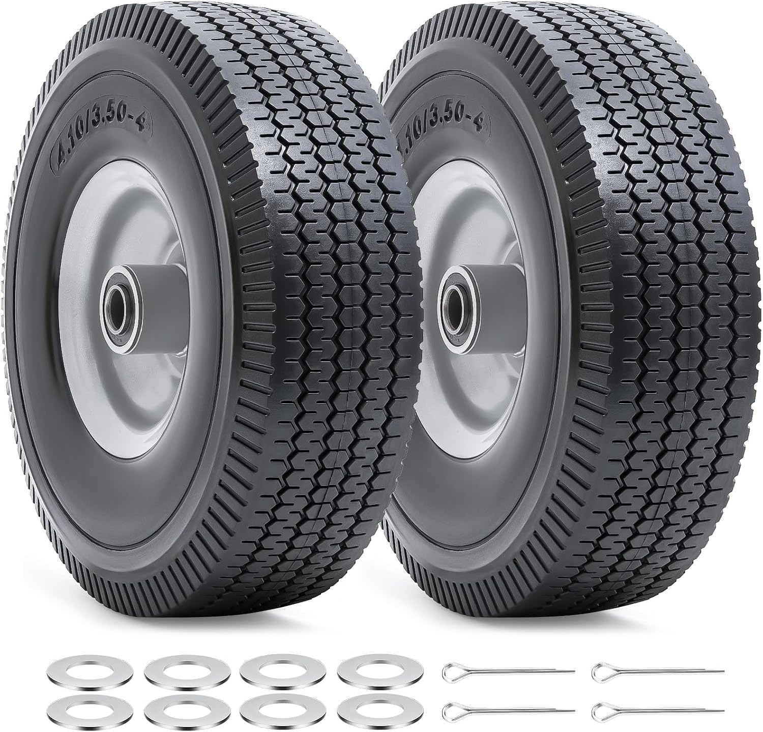 10” Flat Free Tires, 4.10/3.50-4” Solid Tires and Wheels with 5/8” Axle Bore Hole and Double Sealed Bearings