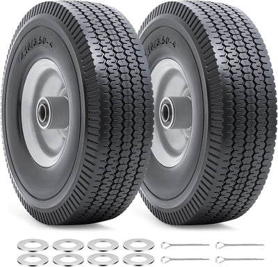 10” Flat Free Tires, 4.10/3.50-4” Solid Tires and Wheels with 5/8” Axle Bore Hole and Double Sealed Bearings