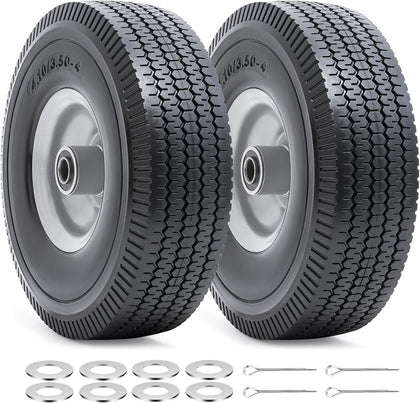 10” Flat Free Tires, 4.10/3.50-4” Solid Tires and Wheels with 5/8” Axle Bore Hole and Double Sealed Bearings