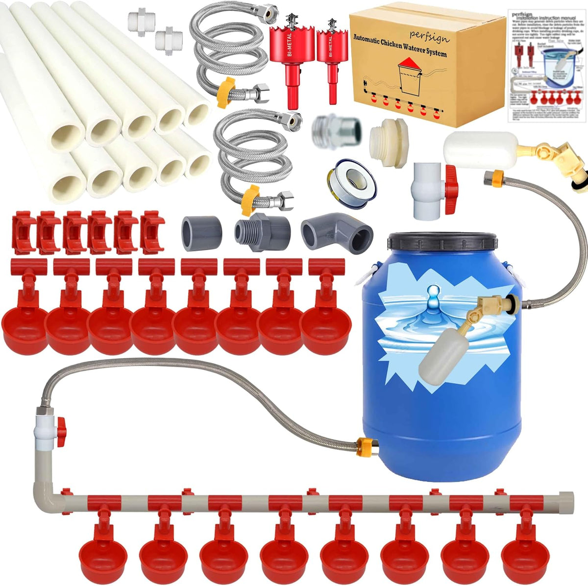Complete Set Pipeline Automatic Chicken Waterer System(58 Accessories Included)Chicken Water Cups, Chicken
