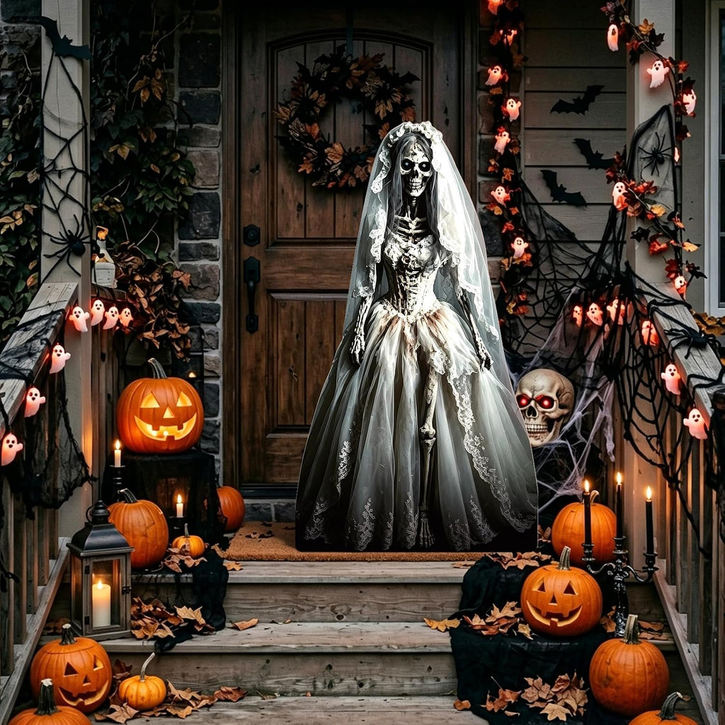 5.4ft Halloween Ghost Bride Cardboard Cutout Scary Skeleton Woman Standee Props Haunted House Party Decorations