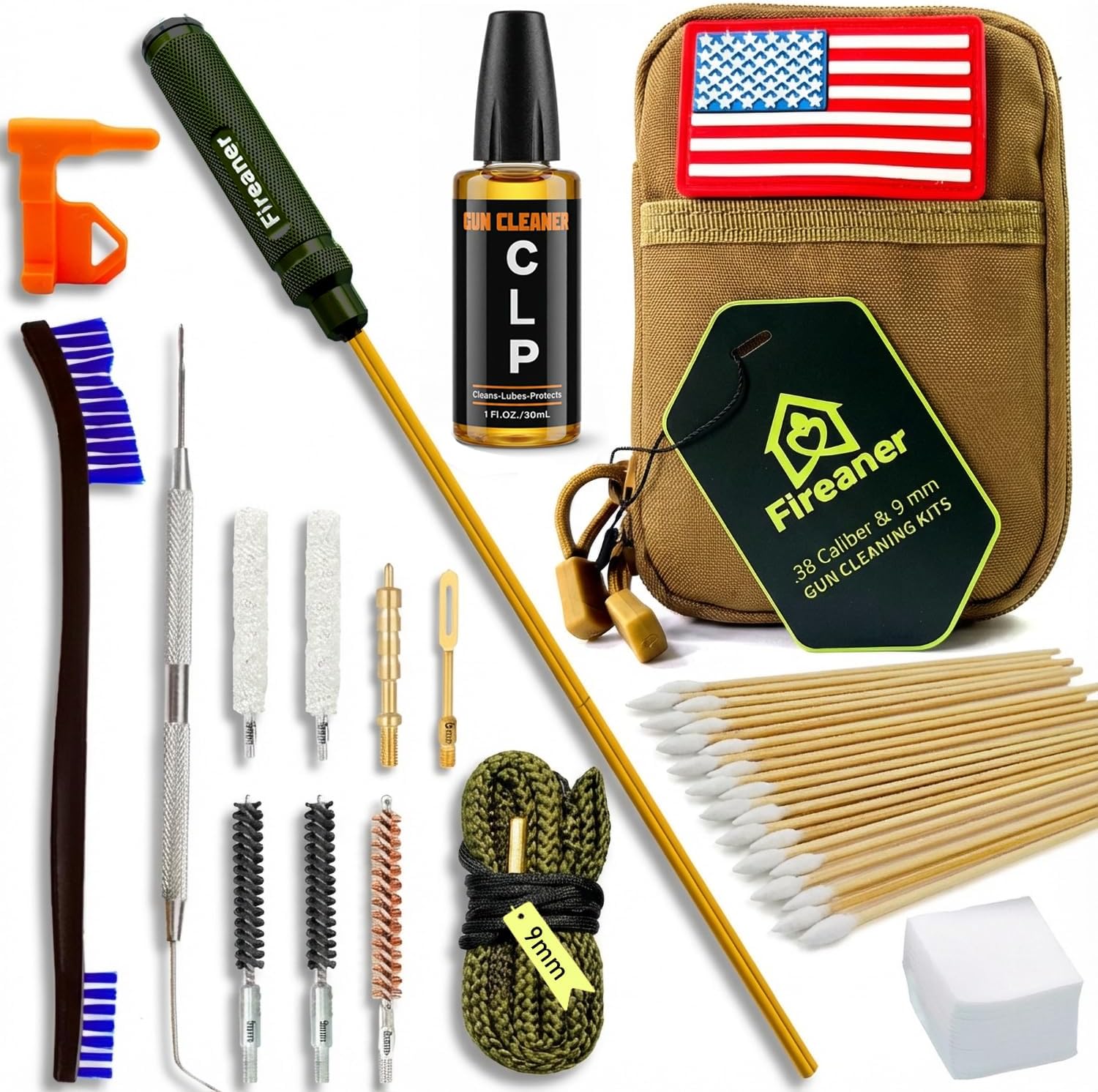 9mm Pistol Basics Single-Caliber Cleaning Kit, Handgun Cleaning kit for .357 .38 with 9mm Gun Snakes in Molle Pouch |