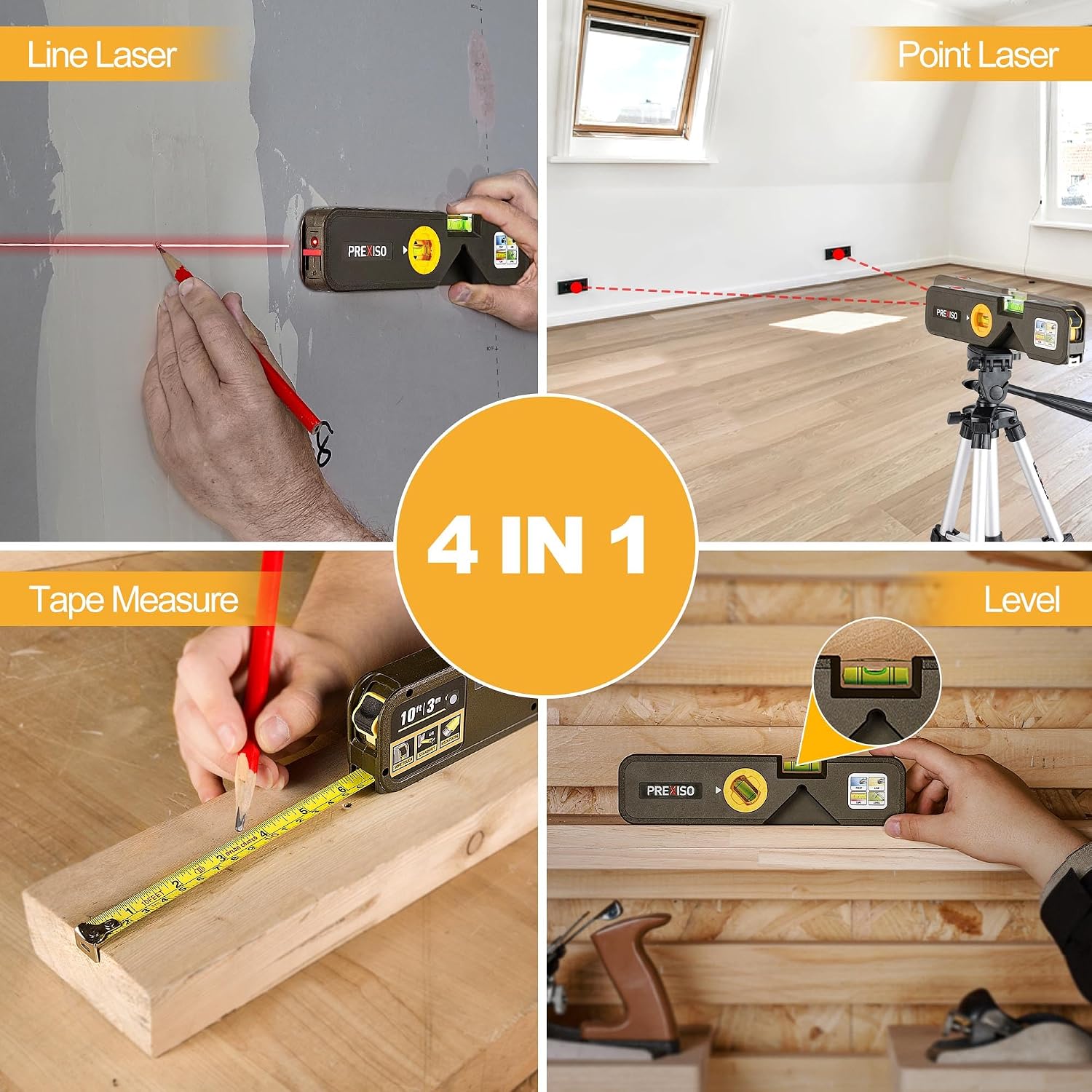 4-in-1 Line Laser Level Multipurpose Torpedo Level, 65Ft Alignment Point & 16Ft Laser Line & 10Ft Measure Tape Ruler