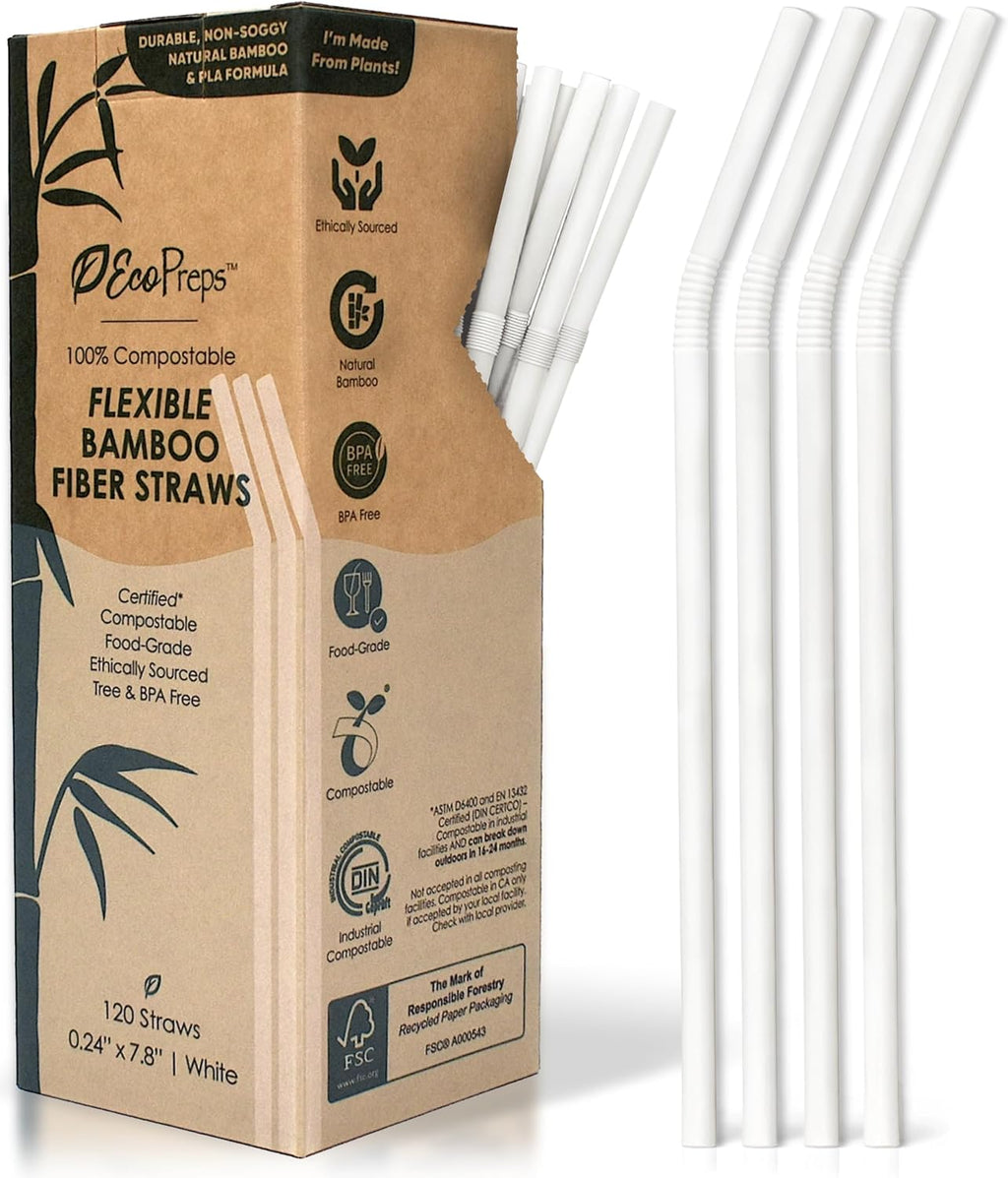 Flexible Biodegradable Disposable Bamboo Fiber Straws, 120 Count