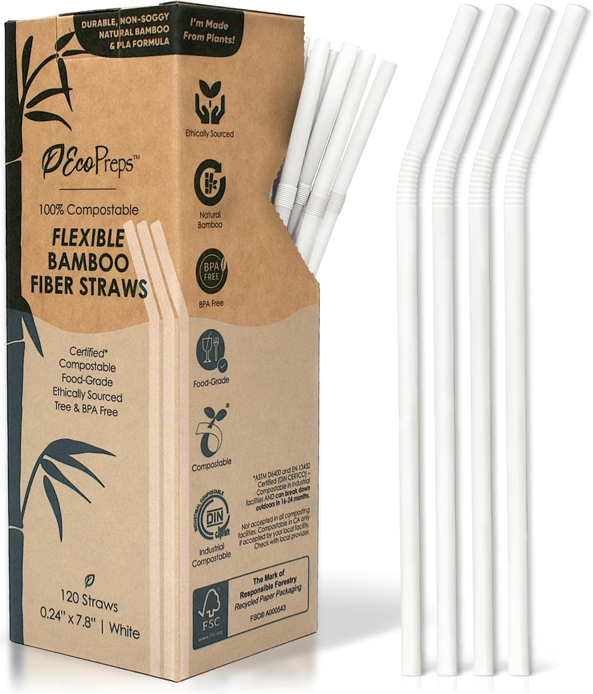 Flexible Biodegradable Disposable Bamboo Fiber Straws, 120 Count