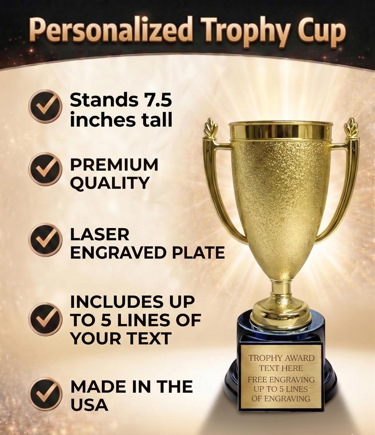 Personalized Trophy Cup with Custom Engraved Plate – 7.5" Gold Award Cup Trophy – Custom Engraving for Team Awards