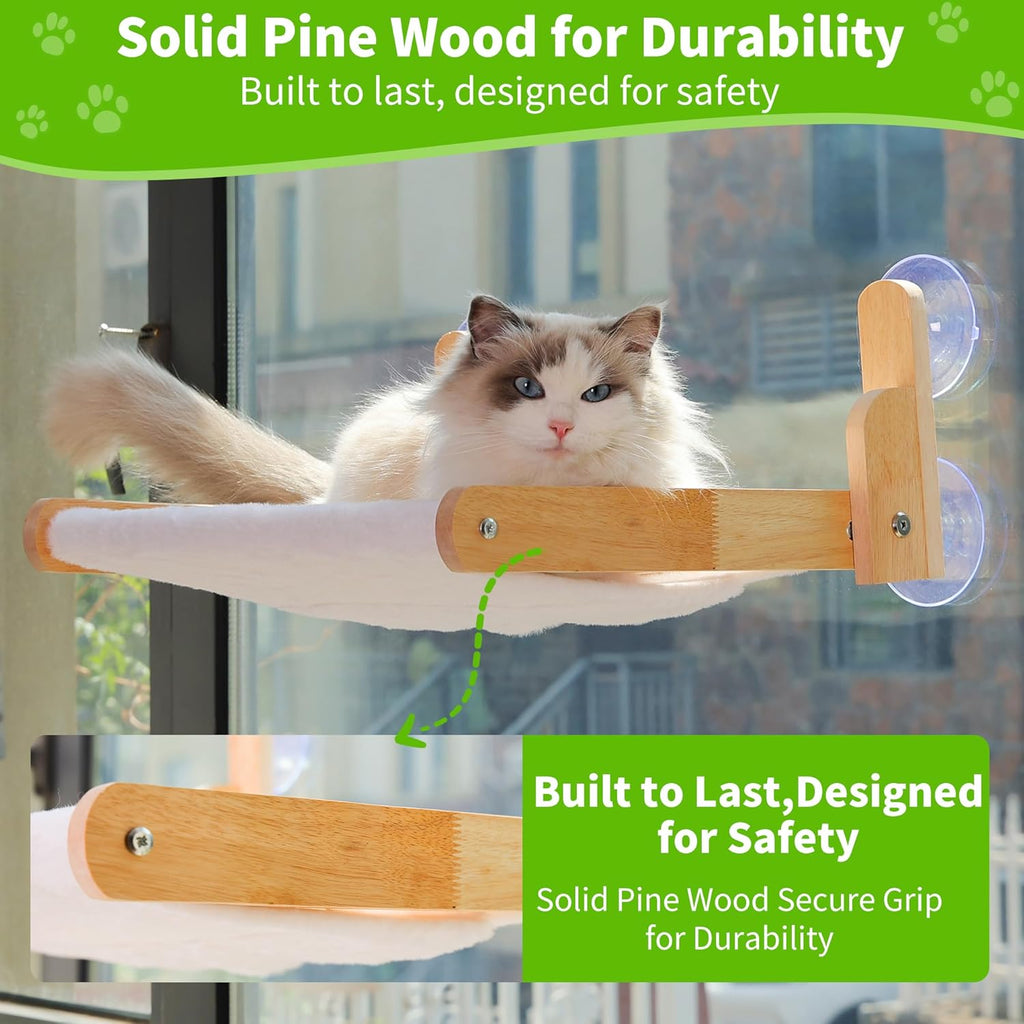 Cat Window Perch with Wooden Frame – Aloxina Foldable Cat Hammock Bed for Indoor Cats, Soft Rabbit Fur Cover