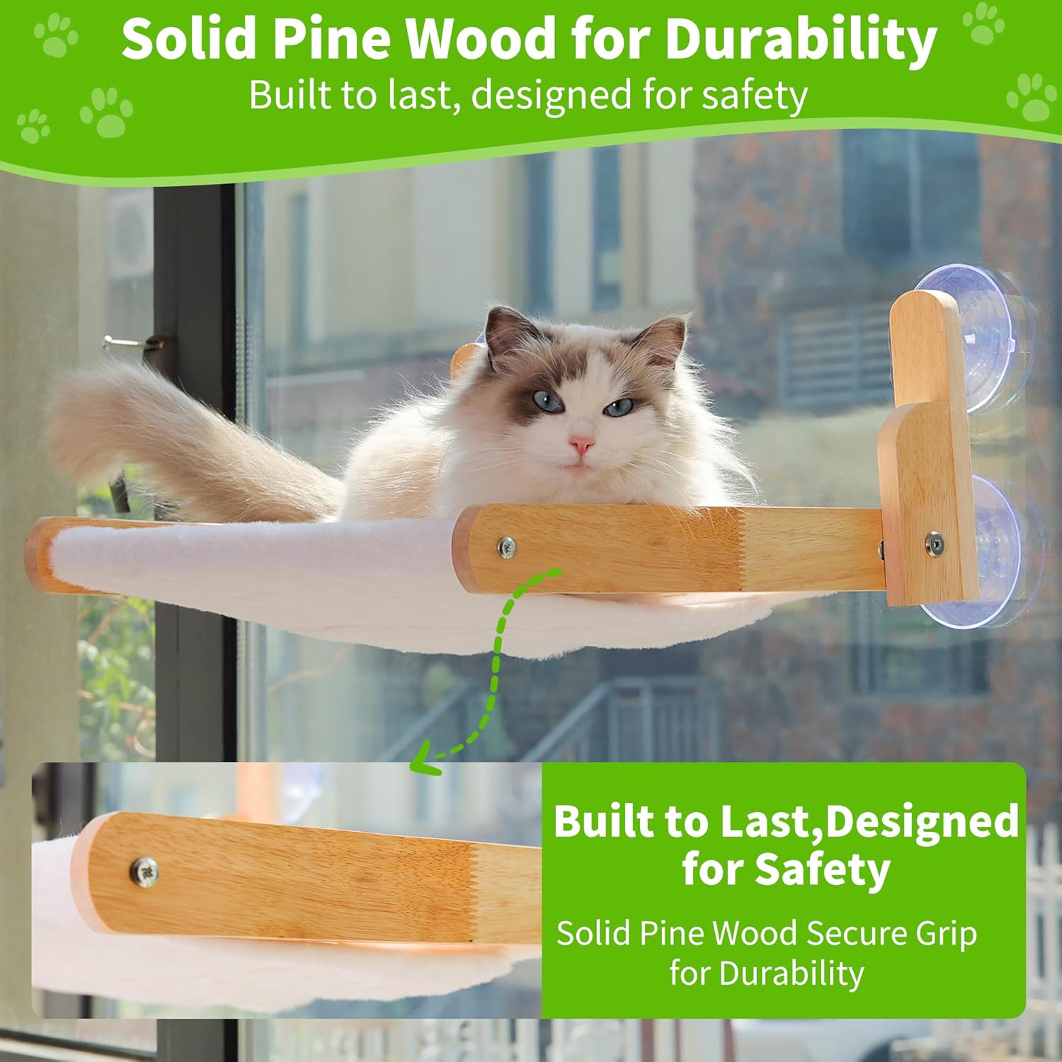 Cat Window Perch with Wooden Frame – Aloxina Foldable Cat Hammock Bed for Indoor Cats, Soft Rabbit Fur Cover
