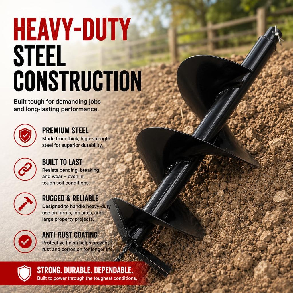 10" Replacement Earth Auger Bit, 3/4" Round Shaft for Gas Post Hole Digger, Heavy-Duty Spiral Drill Bit for Fence