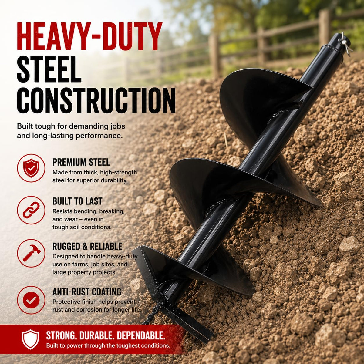 10" Replacement Earth Auger Bit, 3/4" Round Shaft for Gas Post Hole Digger, Heavy-Duty Spiral Drill Bit for Fence