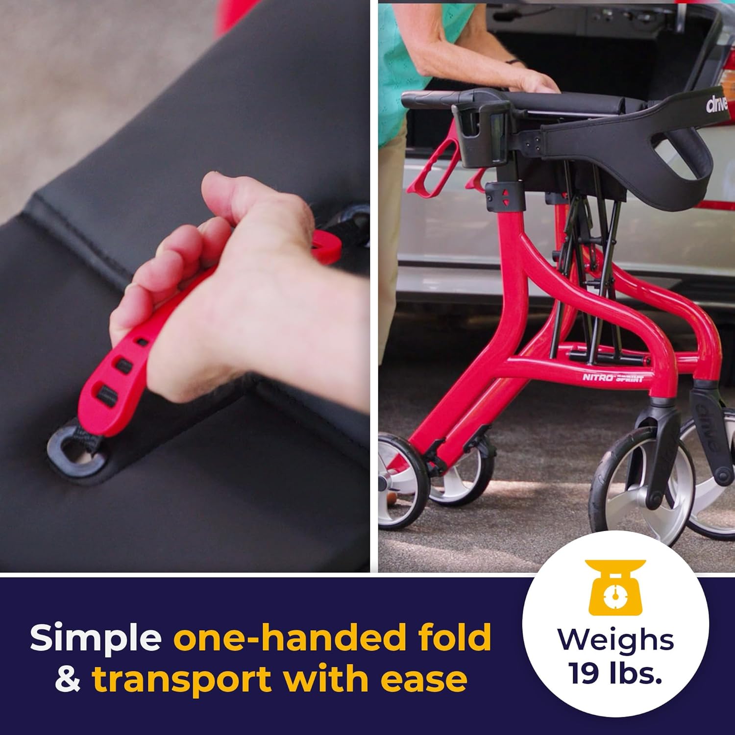 Nitro Sprint Foldable Rollator Walker with Seat - Lightweight Support - Large Wheels - Compact Folding Design