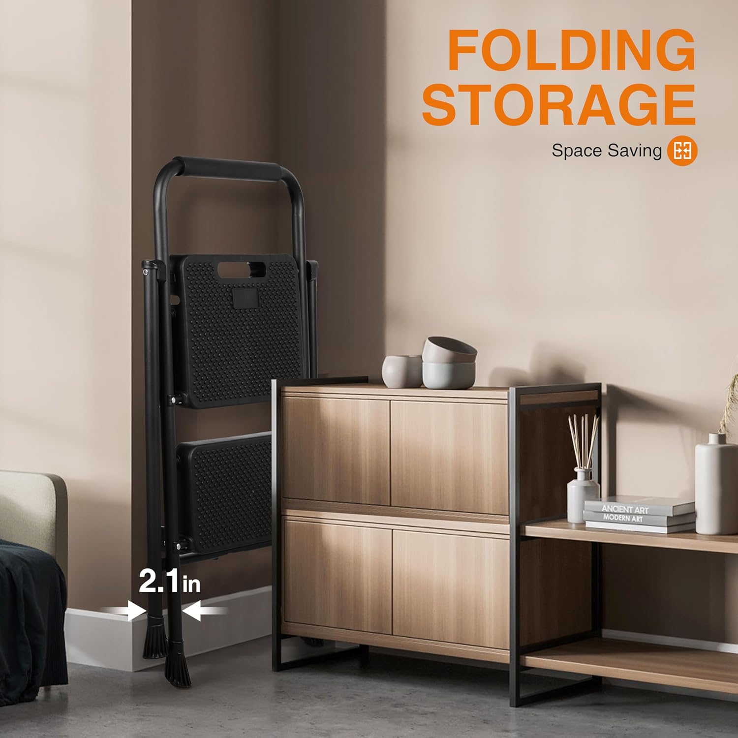 Step Ladder, Folding Step Stool with Wide Anti-Slip Pedals, Sturdy Steel Ladder with Handrail, Space-Saving, Portable