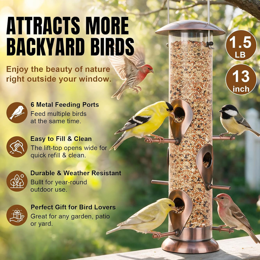 Bird Feeder for Outdoors Hanging, 13" Clear Tube, Copper