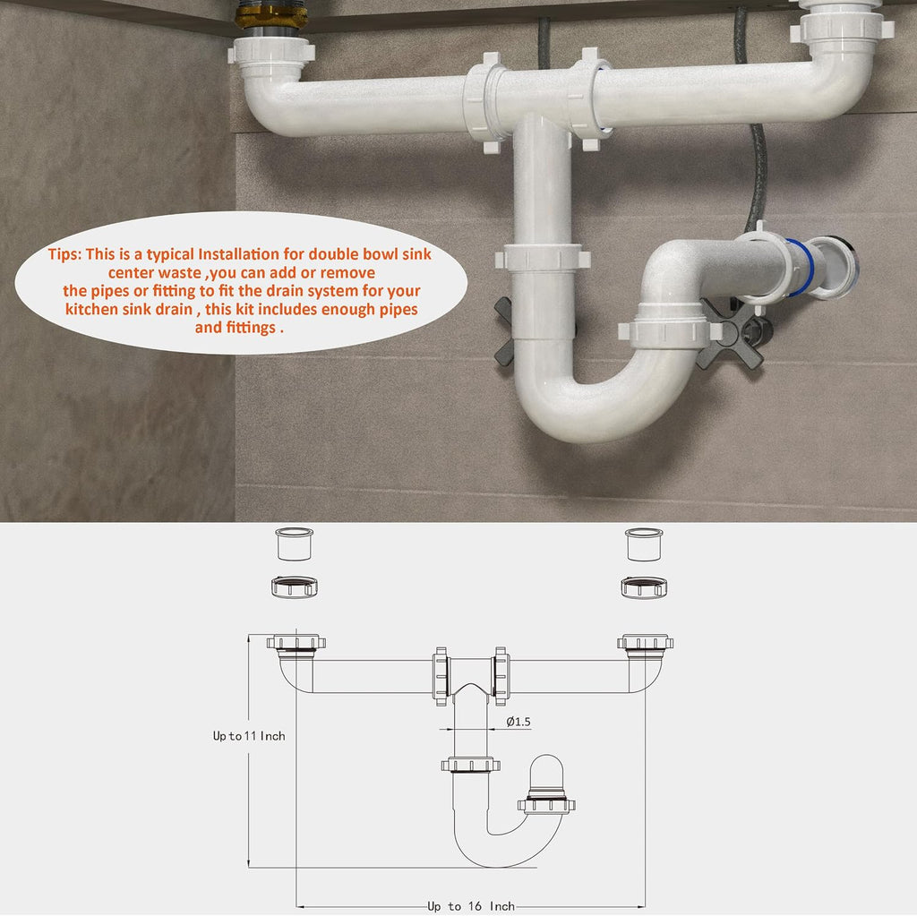 Kitchen Sink Drain Kit,1-1/2”,for Most Kitchen Sink Drain Repair Kit and Bathroom Sink Drain Kit, Kitchen Sink P Trap