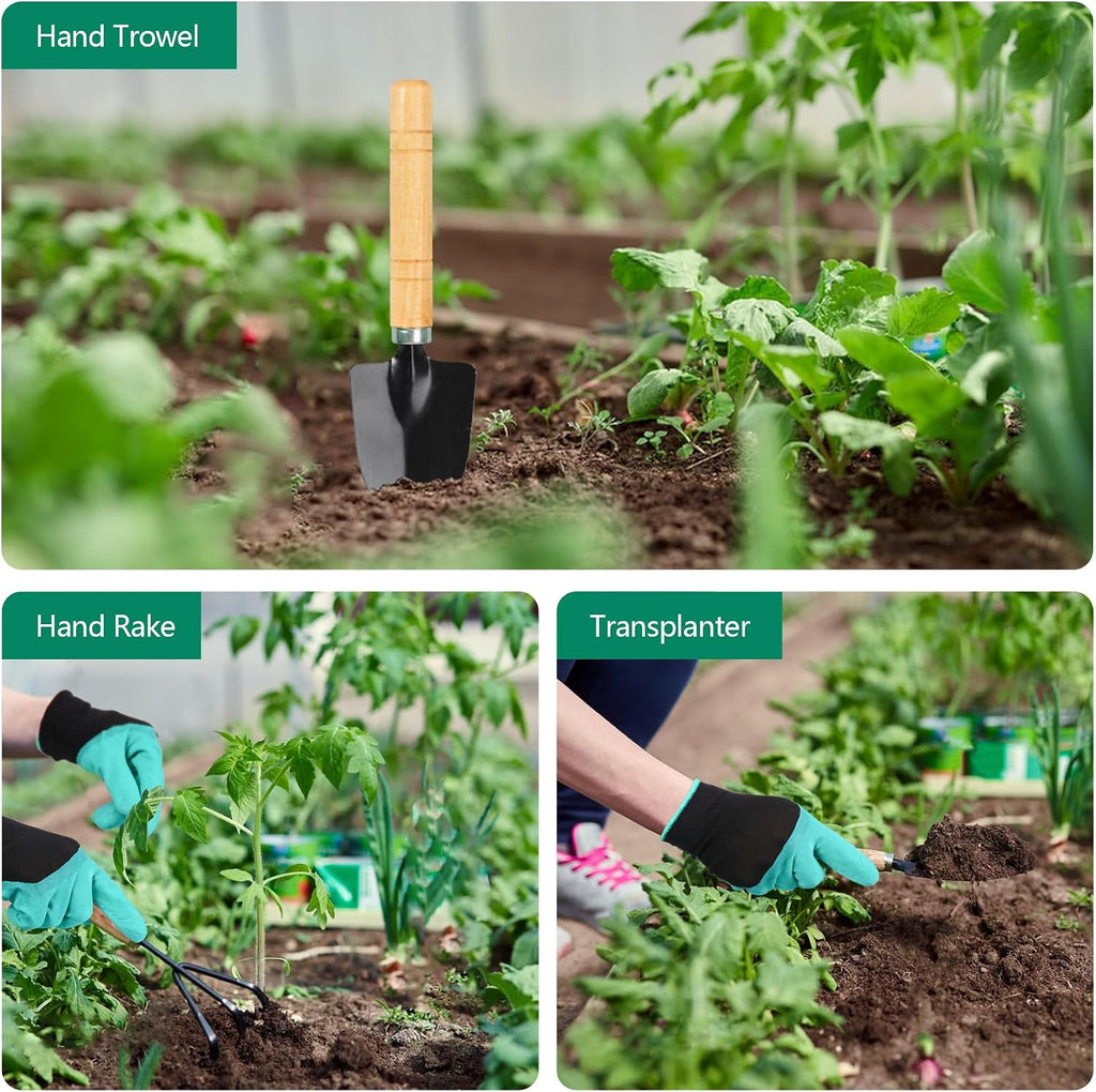 Garden Tools Set, Heavy Duty Stainless Steel Gardening Tools with Ergonomic Handles, Includes Shovel, Rake, Trowel