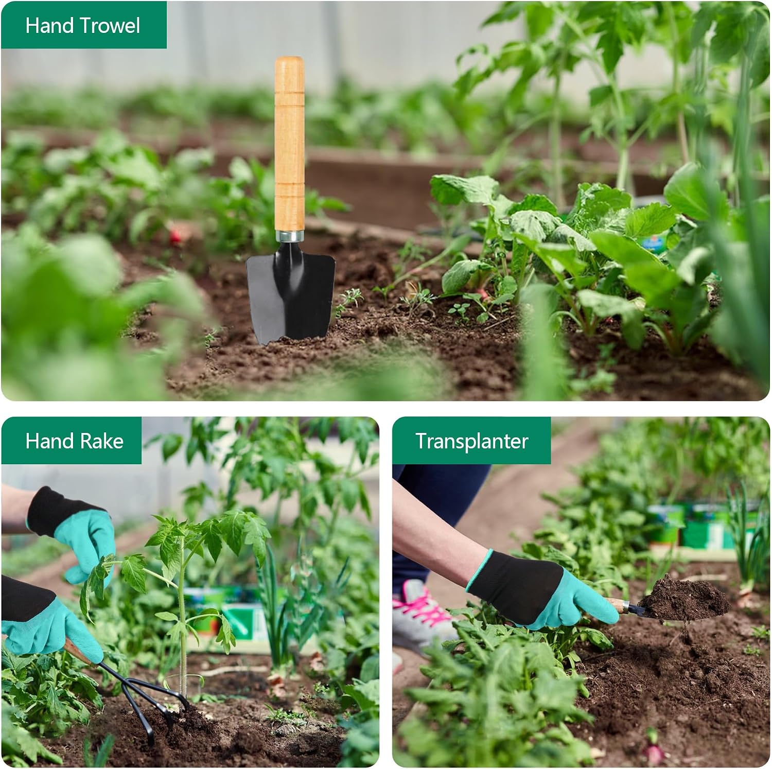 Garden Tools Set, Heavy Duty Stainless Steel Gardening Tools with Ergonomic Handles, Includes Shovel, Rake, Trowel