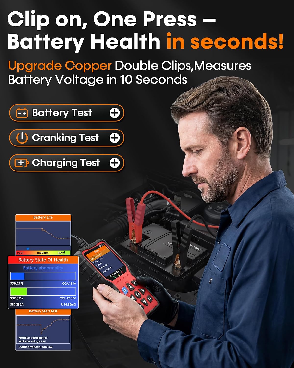 Easy to Use 2-in-1 OBD2 Scanner with Battery Tester: 1S Read & Clear Check Engine Codes + Test Battery in Mins - DIY