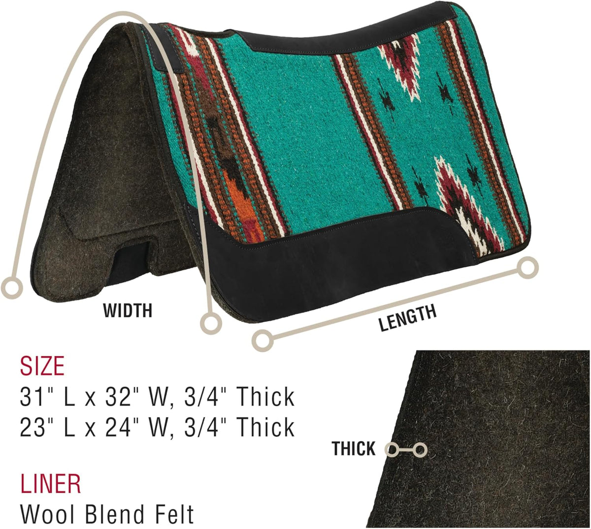 23" x 24" Contoured Single Weave Wool Blend Felt Pony Size Saddle Pad, Shock Absorbing Western Saddle Pad for