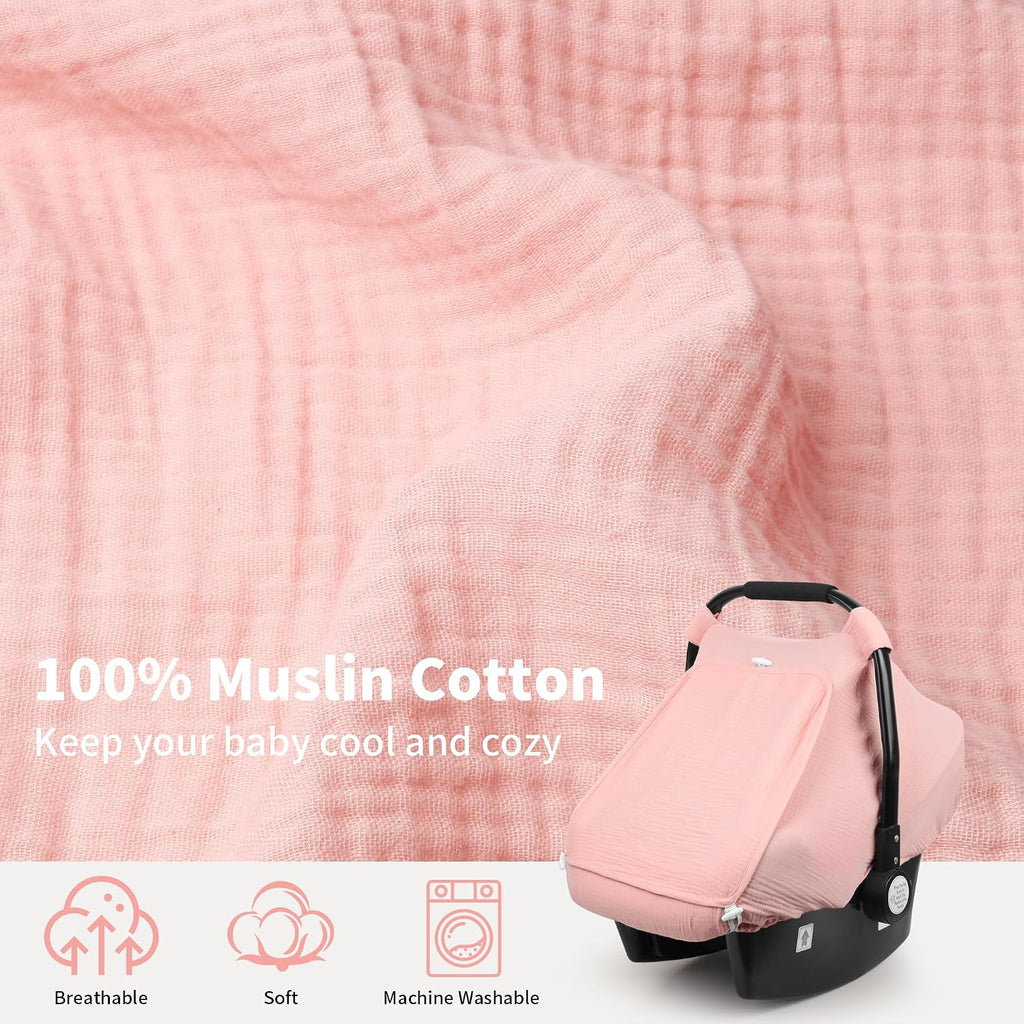 Car Seat Cover Baby, Carseat Covers Girl Boy, Breathable Muslin Cotton, Large Mesh Window, Infant Car Seat Canopy