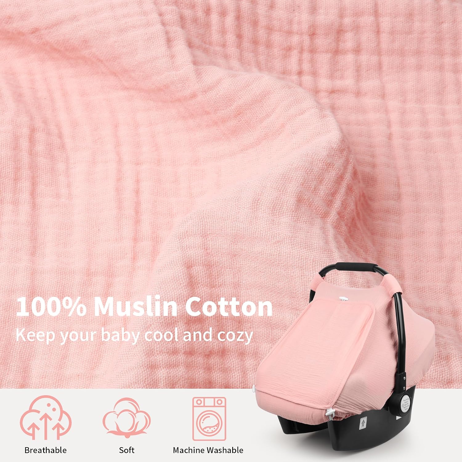 Car Seat Cover Baby, Carseat Covers Girl Boy, Breathable Muslin Cotton, Large Mesh Window, Infant Car Seat Canopy