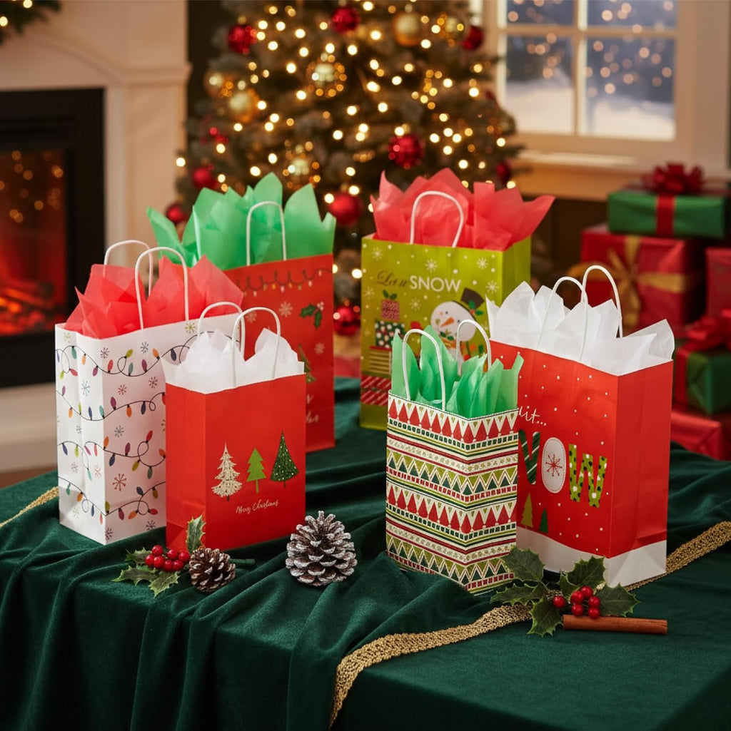 24 Pack Assorted Sizes Christmas Gift Bags Bulk with Tissue Paper